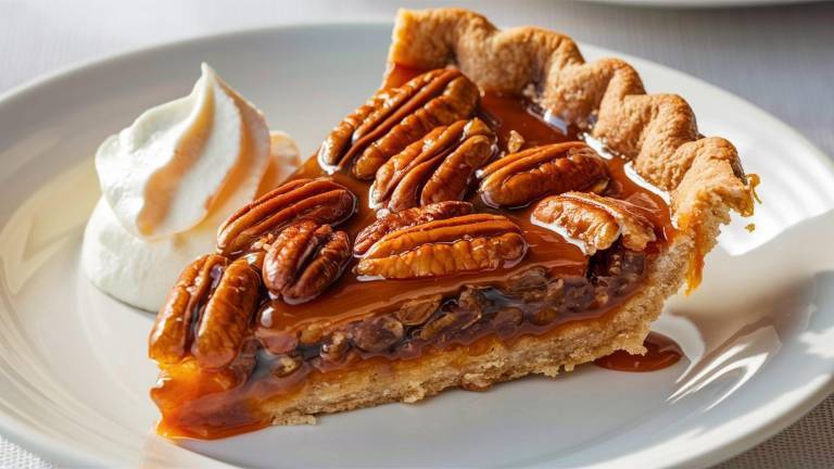 Pecan Pie: En söt och nötig efterrätt gjord med en rik fyllning av pekannötter, farinsocker och ägg, alla inbäddade i en flagig skorpa, vilket gör en perfekt semester godbit.