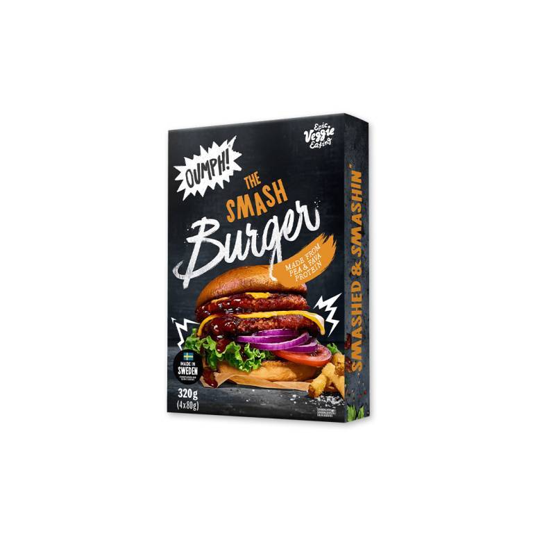 En förpackning hamburgare mot en vit bakgrund