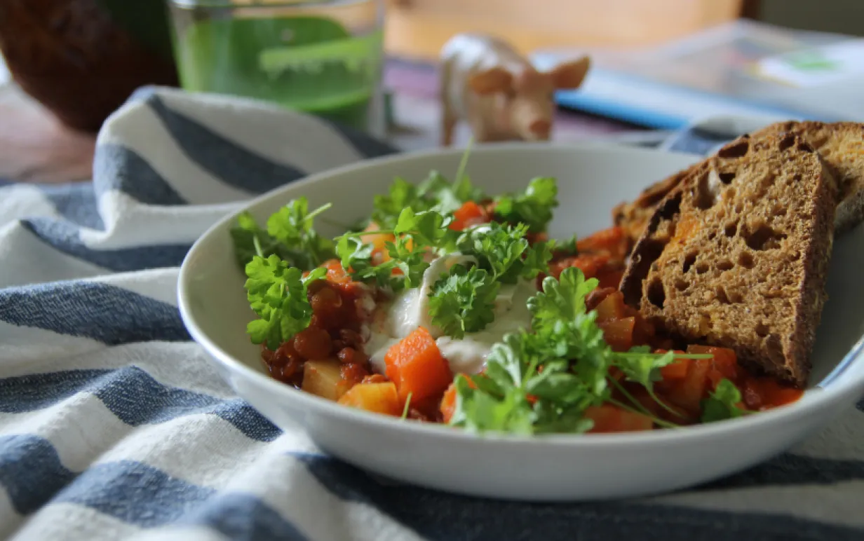 Linsgulasch med persilja i en vit skål står på ett bord med rutig duk