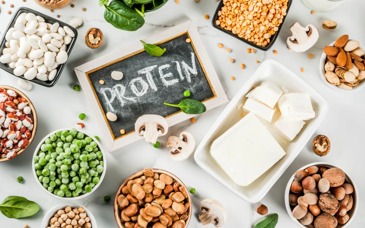 Tavla med texten protein omringad av flera skålar med olika baljväxter