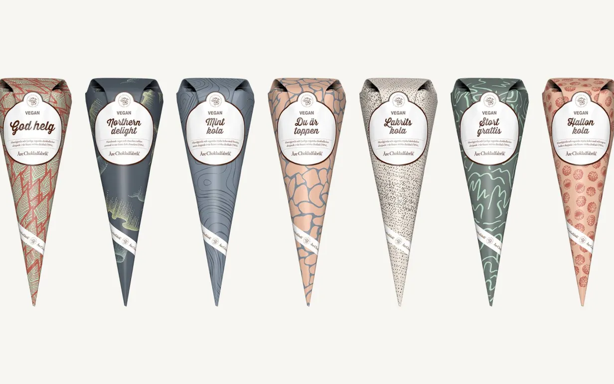 sju förpackningar kolor från Åre chokladfabrik