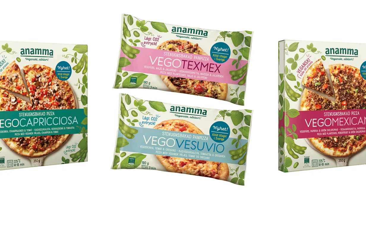 4 förpackningar av veganska pizzor från Anamma