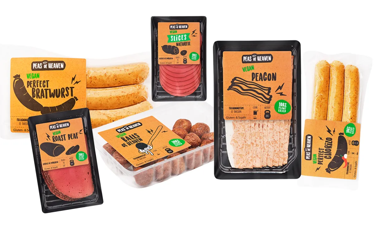 sex olika veganska produkter från Peas of heaven