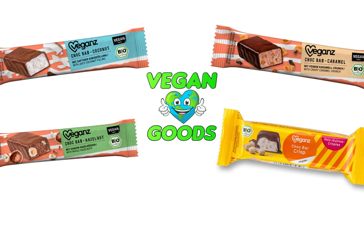 Veganska styck choklad från Veganz med Vegan goods logga