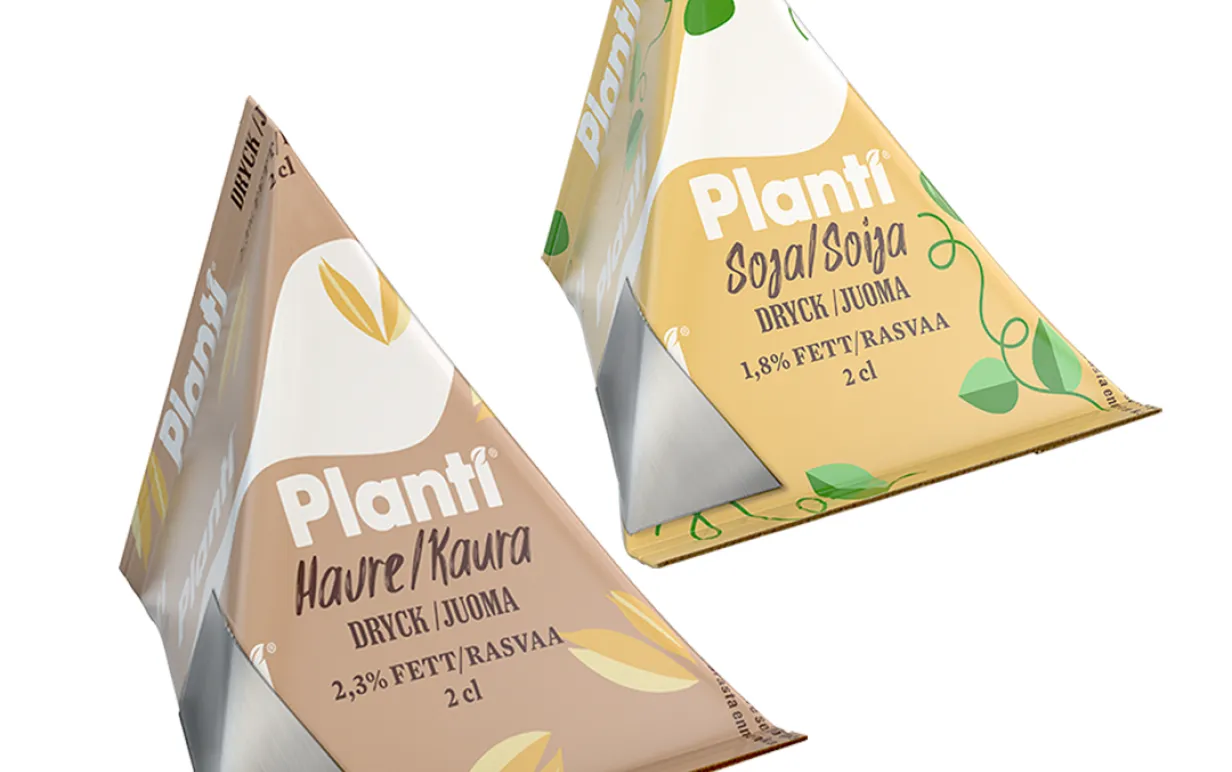 Bild på Planti minimjölk i 2 cl förpackningar. En med havre och en med sojadryck.