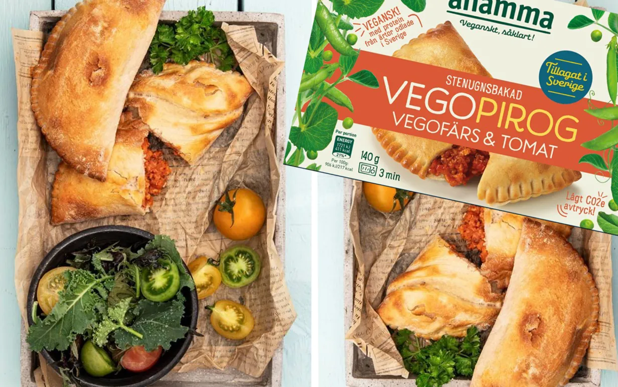 Anamma piroger på ett fat med en bild på pirog i dess förpackning