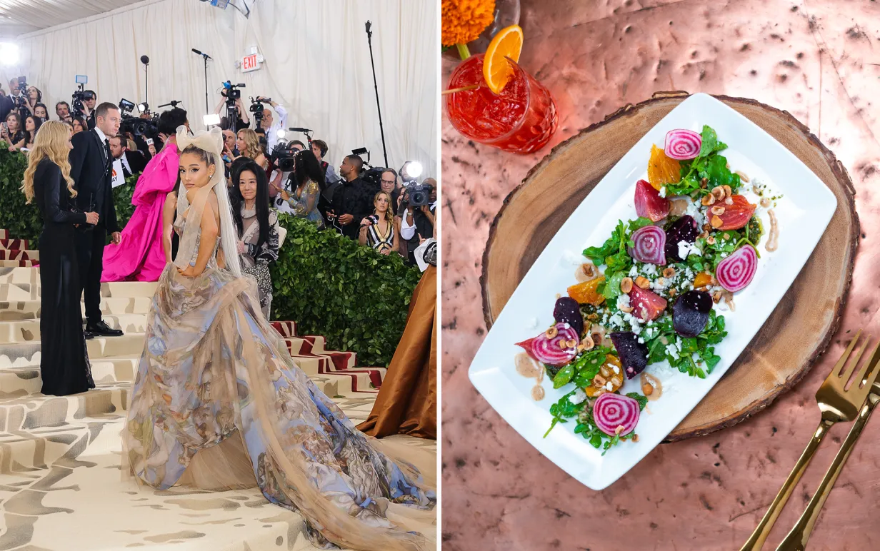 met-galan där ariana grande gör entré med en vegansk lyxrätt på en bild bredvid