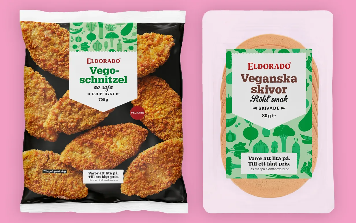 Vegoschnitzel och Veganska skivor Rökt smak från Eldorado, i förpackningar mot rosa bakgrund.