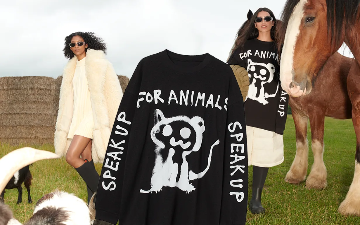Modefoton från kollektionen Co-Exist Story, samt inklippt tröja med texten "Speak up for animals"