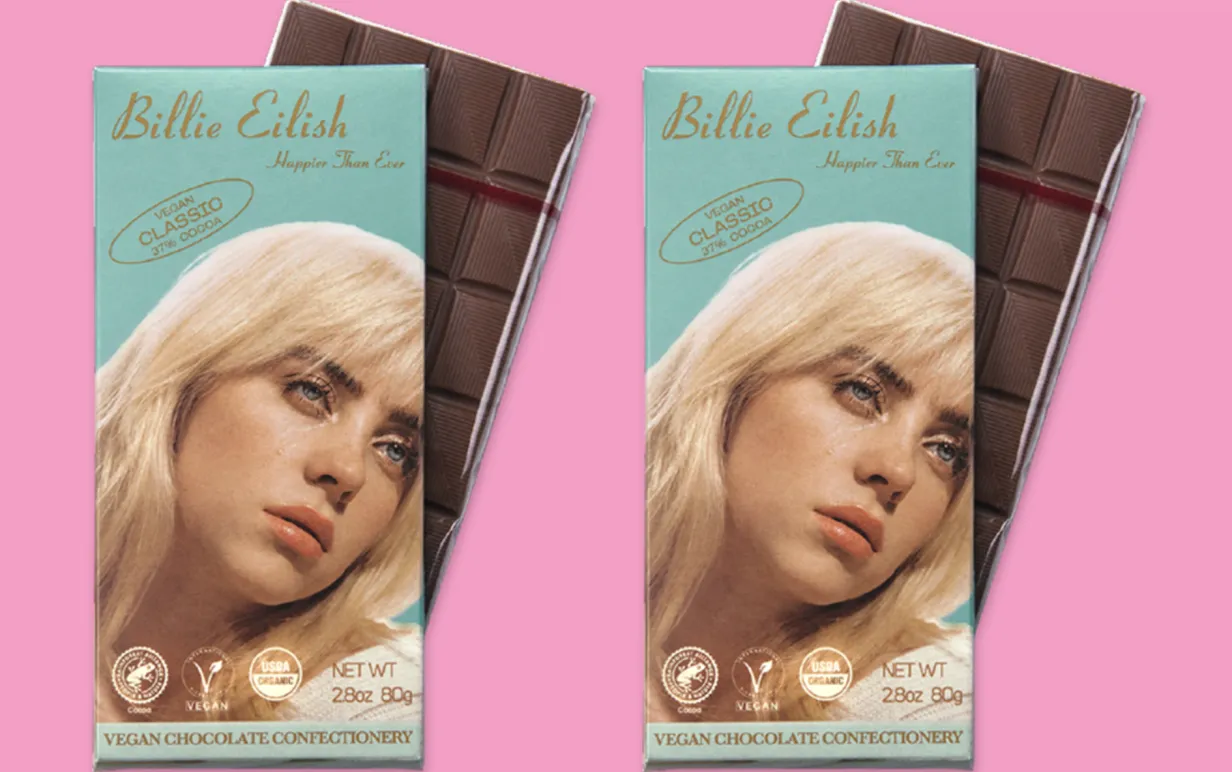 Veganska chokladkakan Happier than ever med Billie Eilish ansikte på förpackningen