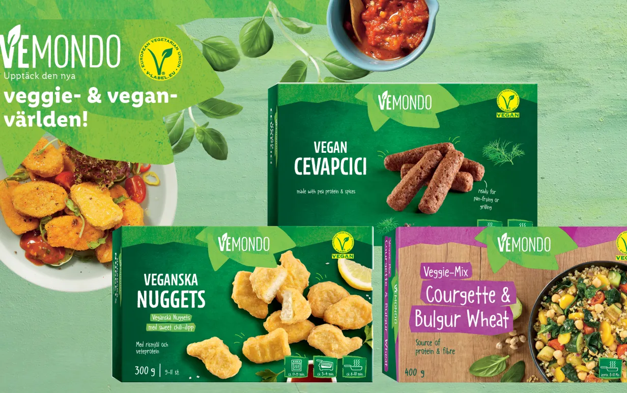 Veganska produkter från Vemonod/Lidl i förpackning, mot grön bakgrund med texten "Upptäck den nya veggie- och veganvärlden!"