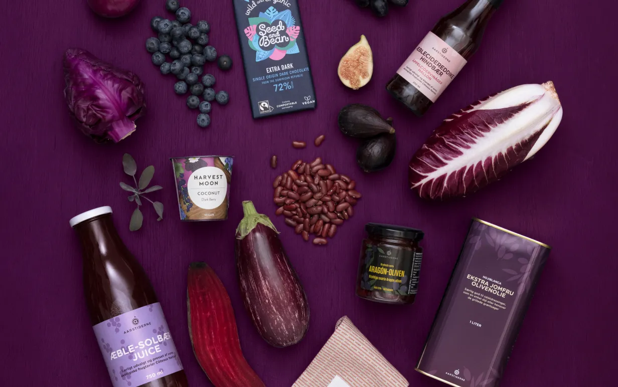 Växtbaserade produkter i lila och svarta toner utlagda på purpurfärgad yta.