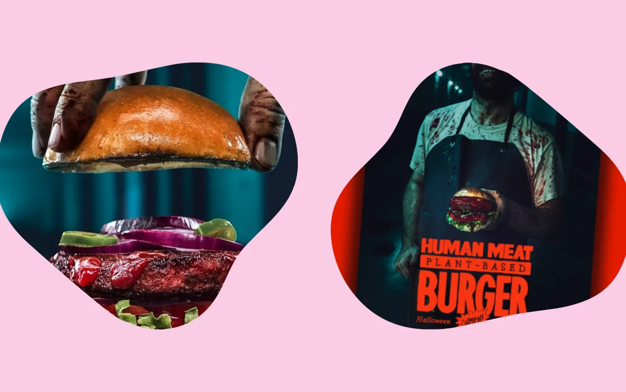 Ett foto av en växtbaserad burgare med ett till foto på en slaktare mot en ljurosa bakgrund.