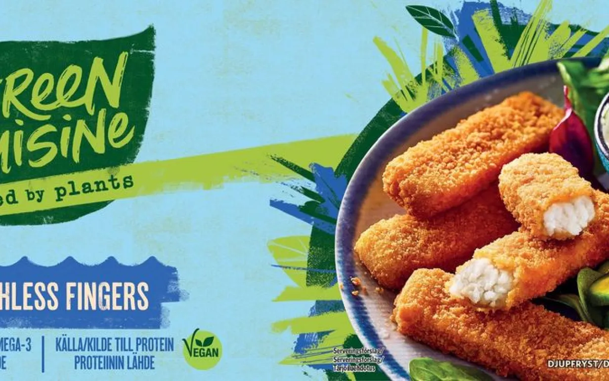 Framsidan på ett paket med växtbaserade fiskpinnar.