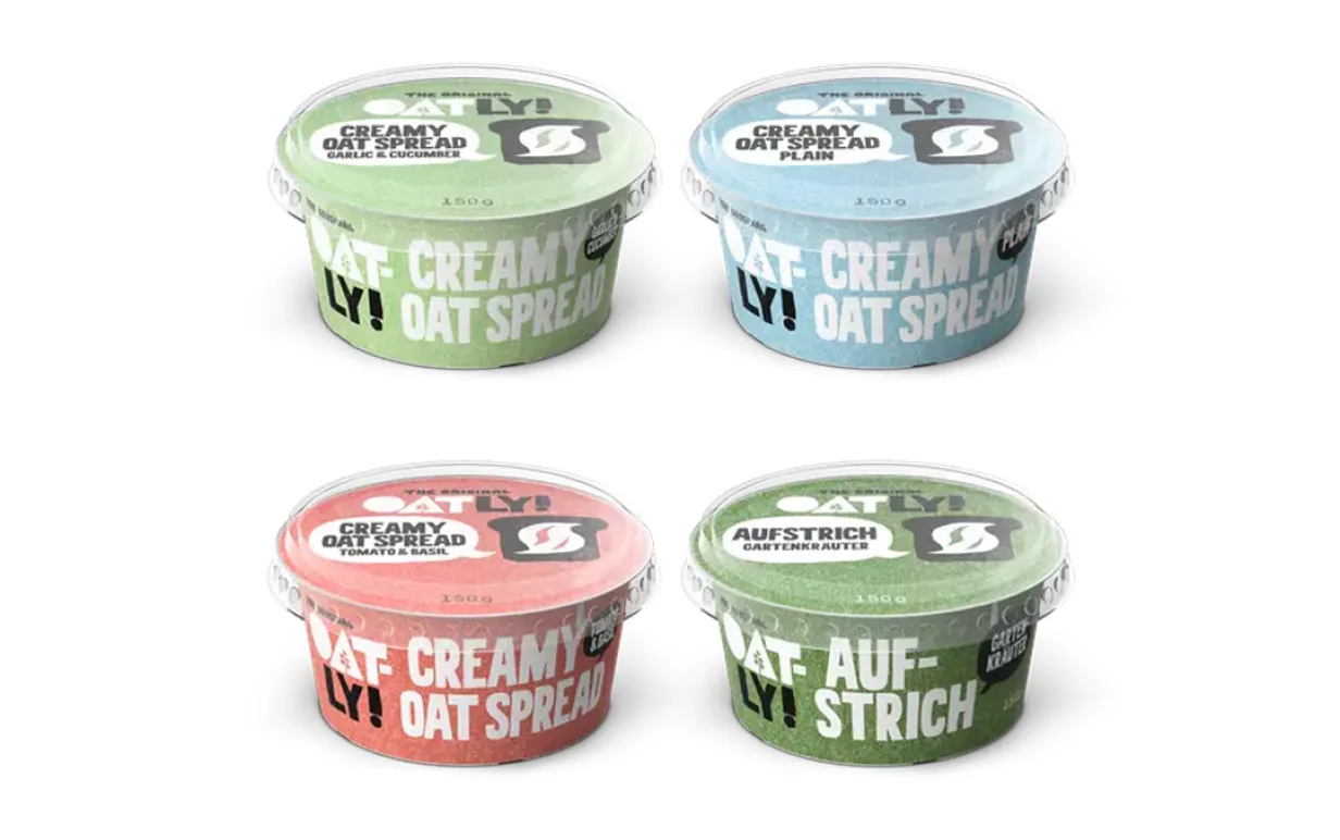 fyra förpackningar med veganskt spread mot en vit bakgrund