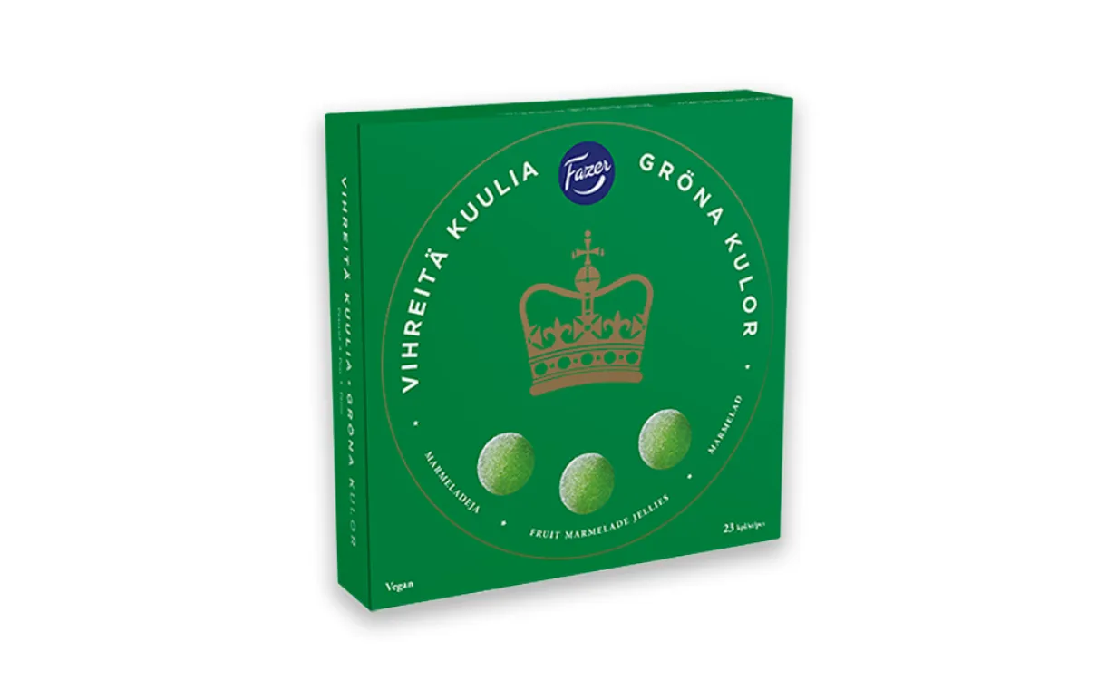 Veganska marmeladkulor i en grön förpackning mot en vit bakgrund