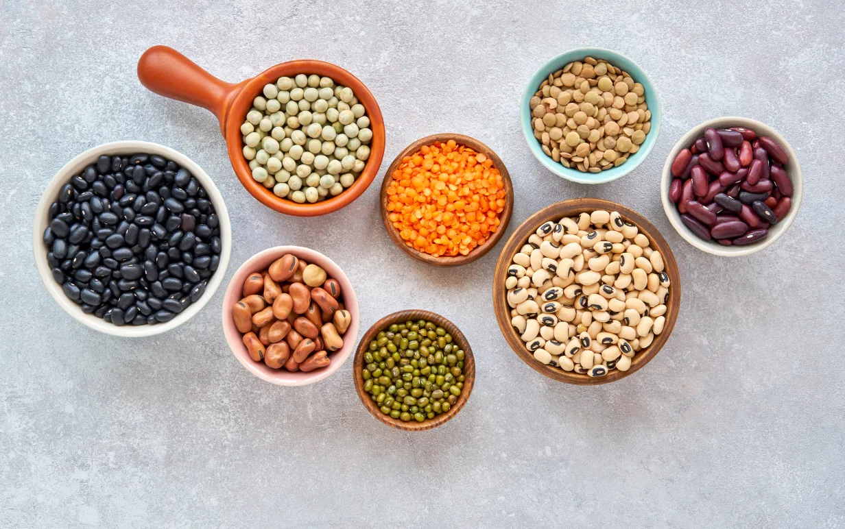 Baljväxter och bönor sortiment i olika skålar på ljus sten bakgrund. Toppvy. Hälsosam vegansk proteinmat.