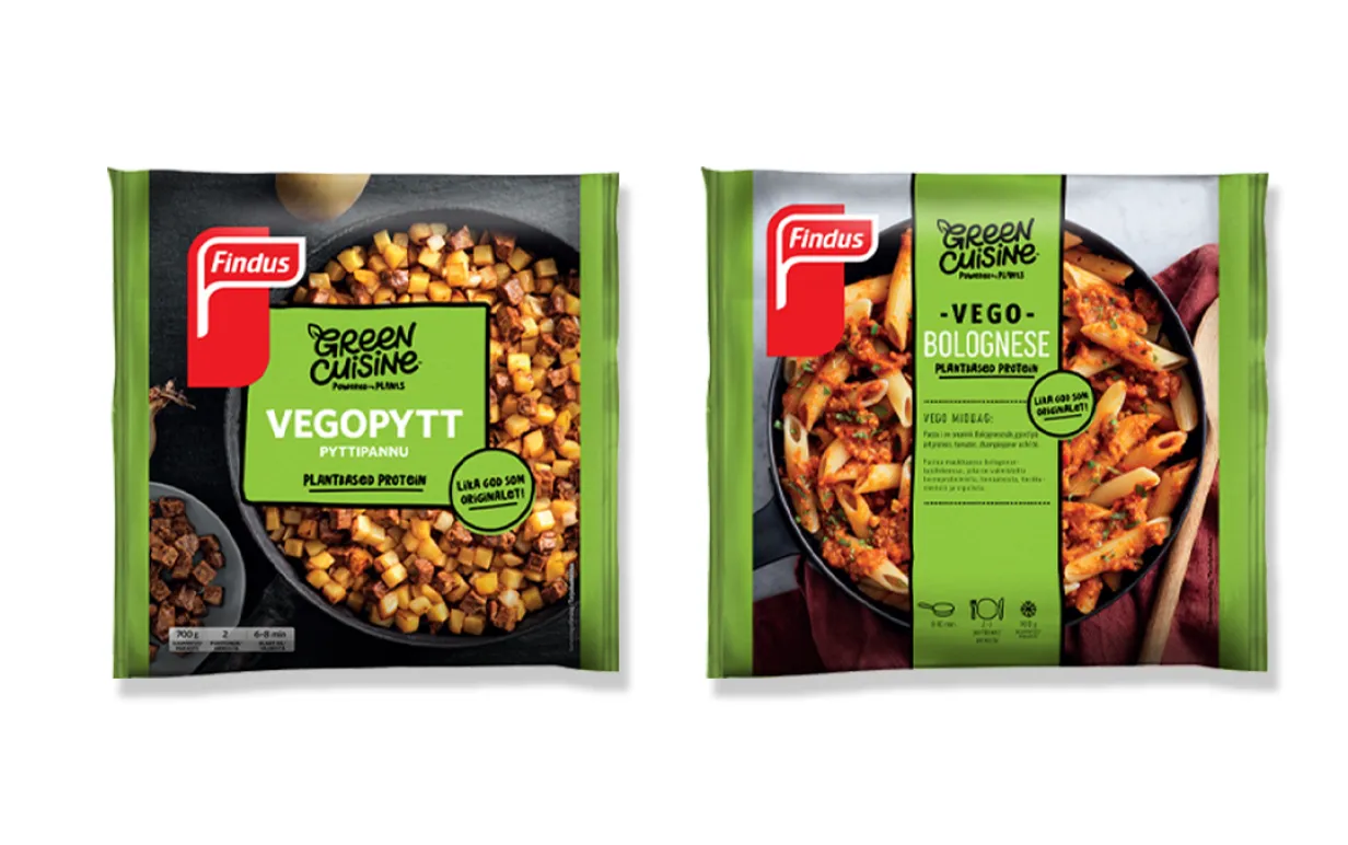en påse vegopytt och en påse vegobolognese mot en vit bakgrund