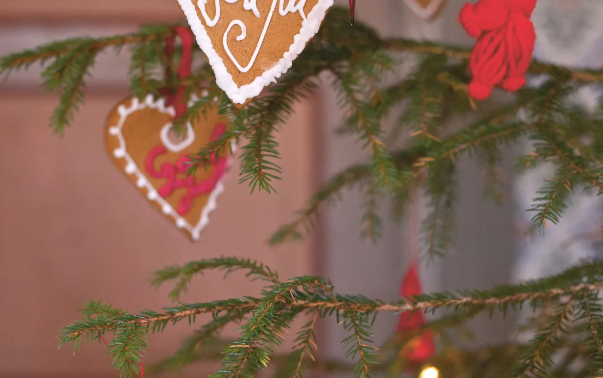 Pepparkakor med kristyr som hänger i en gran