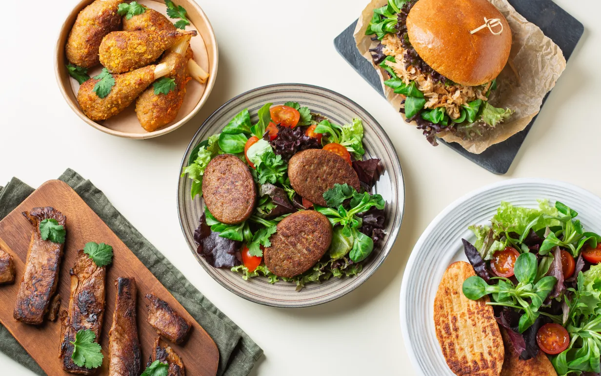 Variety of plant based meat, food to reduce carbon footprint