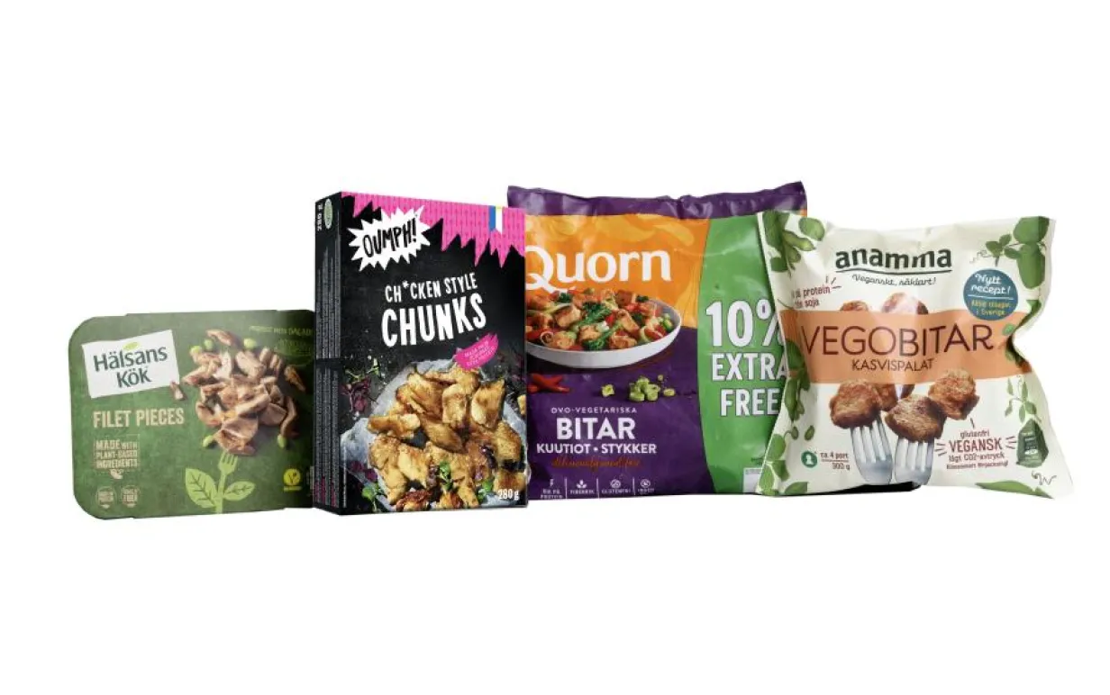 Fyra vegoprodukter mot en vit bakgrund