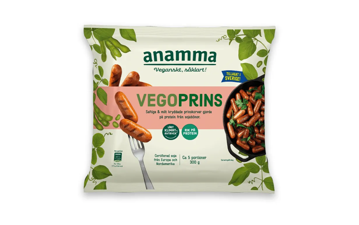 en förpackning vegoprinskorvar mot en vit bakgrund