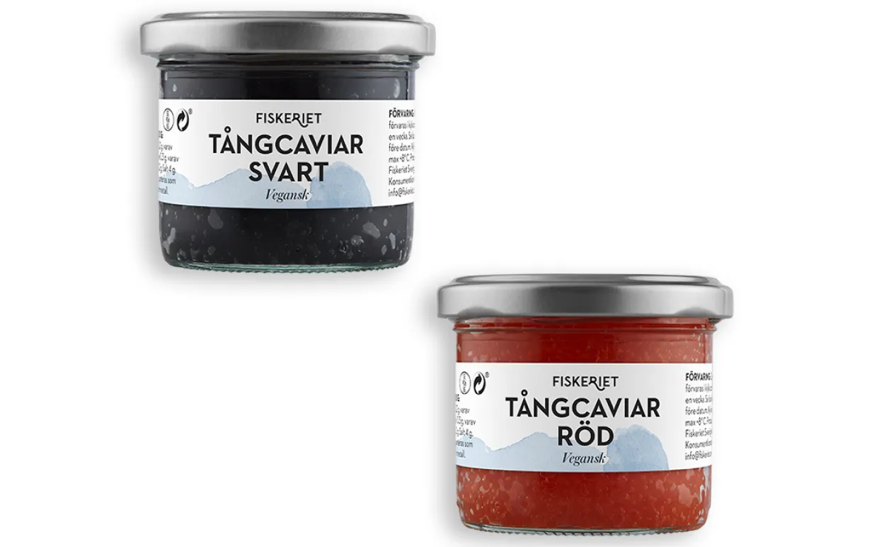 två glasburkar tångcaviar mot en vit bakgrund