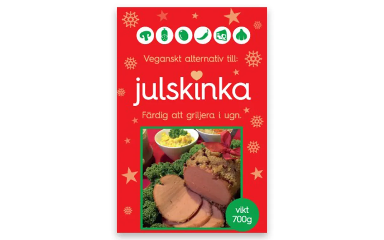 en förpackning vegansk julskinka mot en vit bakgrund