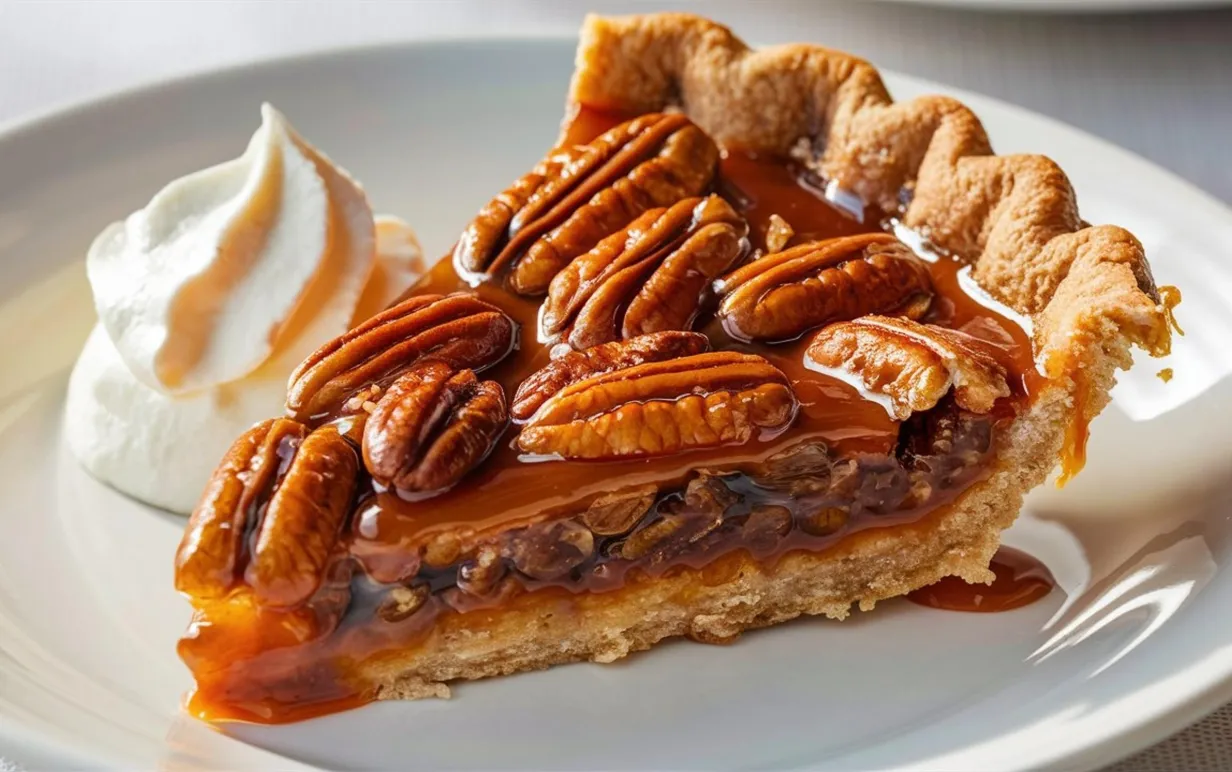 Pecan Pie: En söt och nötig efterrätt gjord med en rik fyllning av pekannötter, farinsocker och ägg, alla inbäddade i en flagig skorpa, vilket gör en perfekt semester godbit.