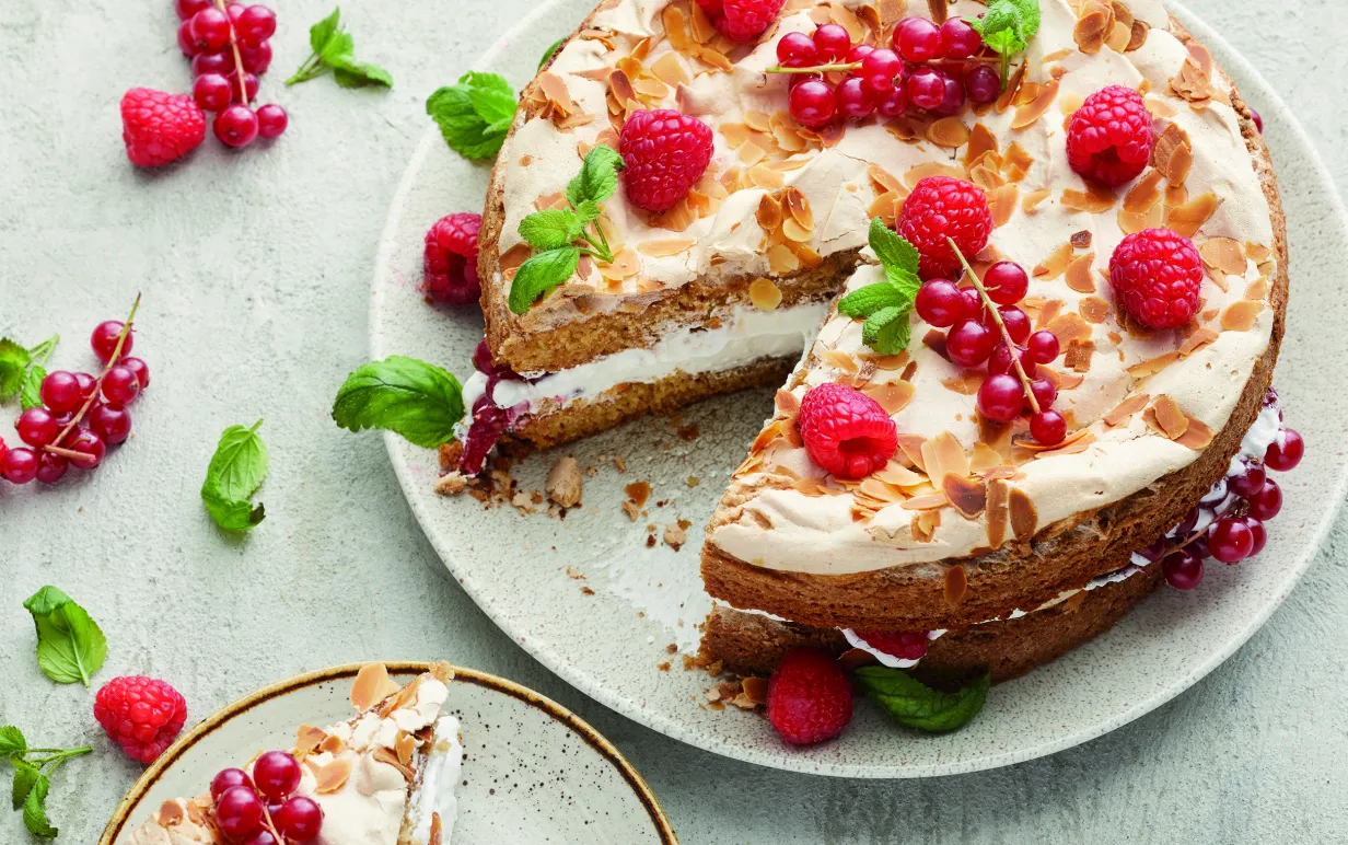 Vegansk tårta med hallon och röda vinbär