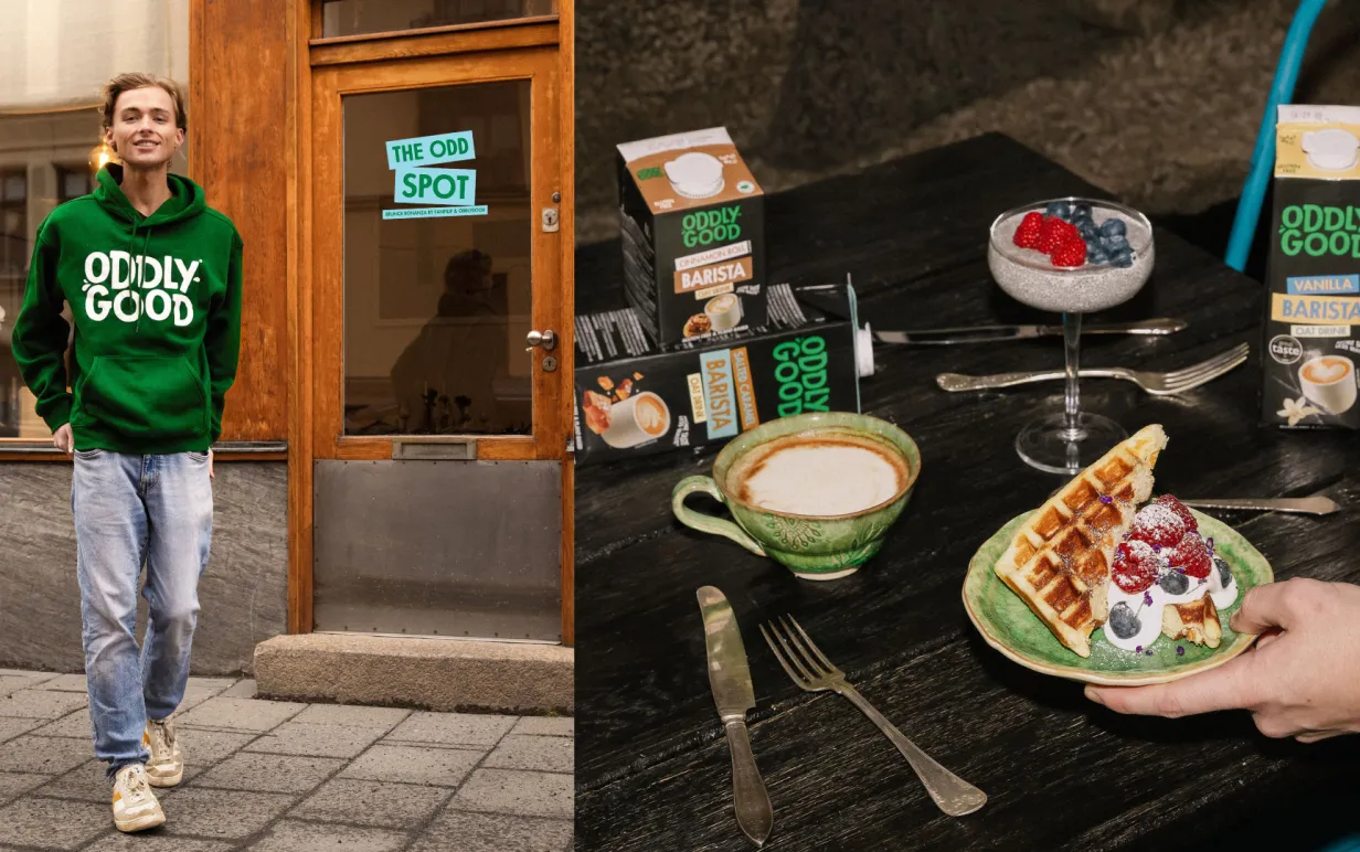 en man i en grön luvtröja framför en port, samt en bild på ett brunchbord