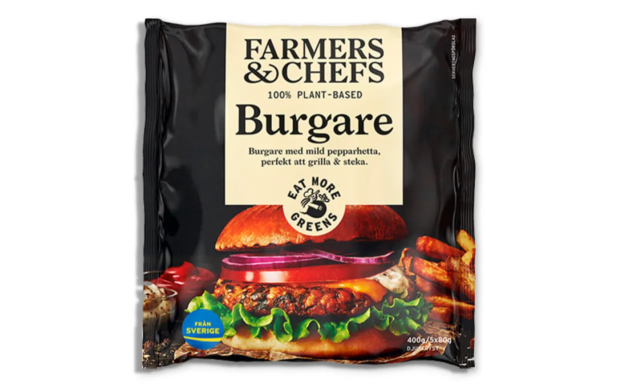 En förpackning hamburgare mot en vit bakgrund