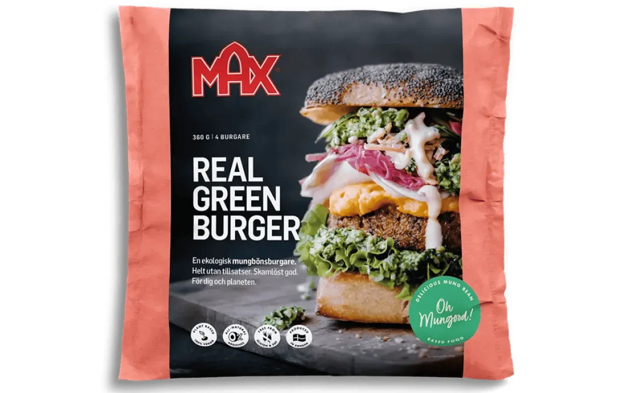 En förpackning hamburgare mot en vit bakgrund