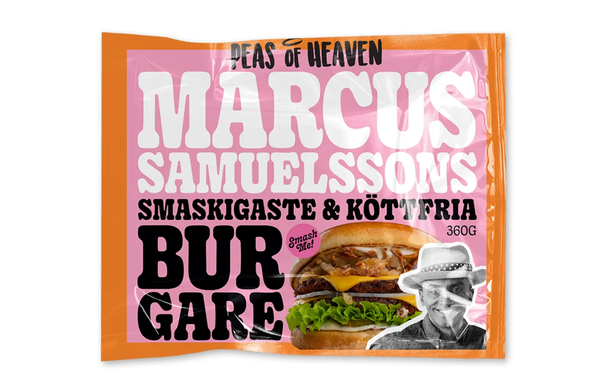 En förpackning hamburgare mot en vit bakgrund