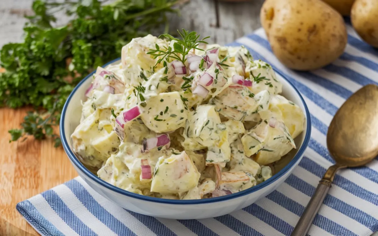 Färskpotatissallad i en skål