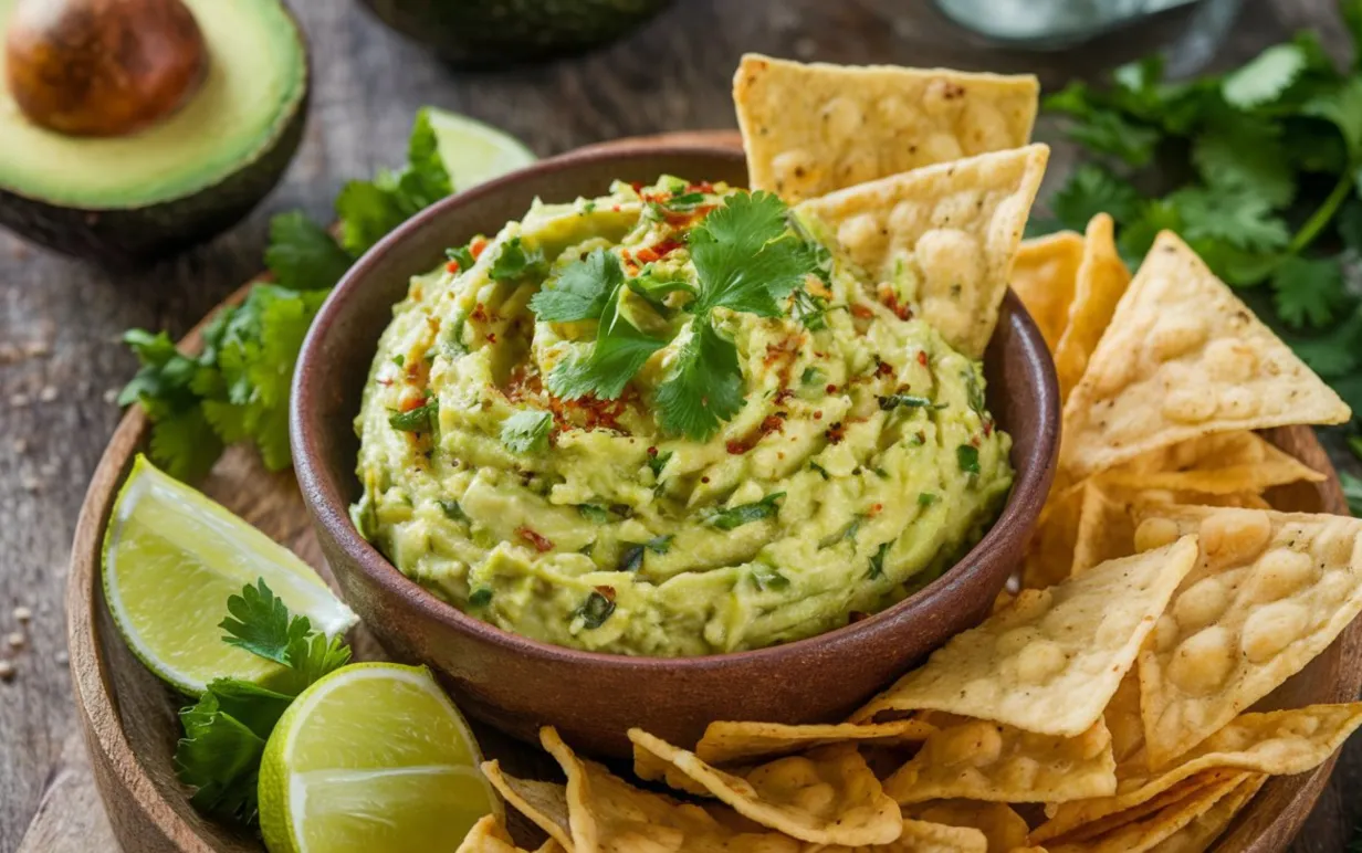 Guacamole på ett fat med nachos