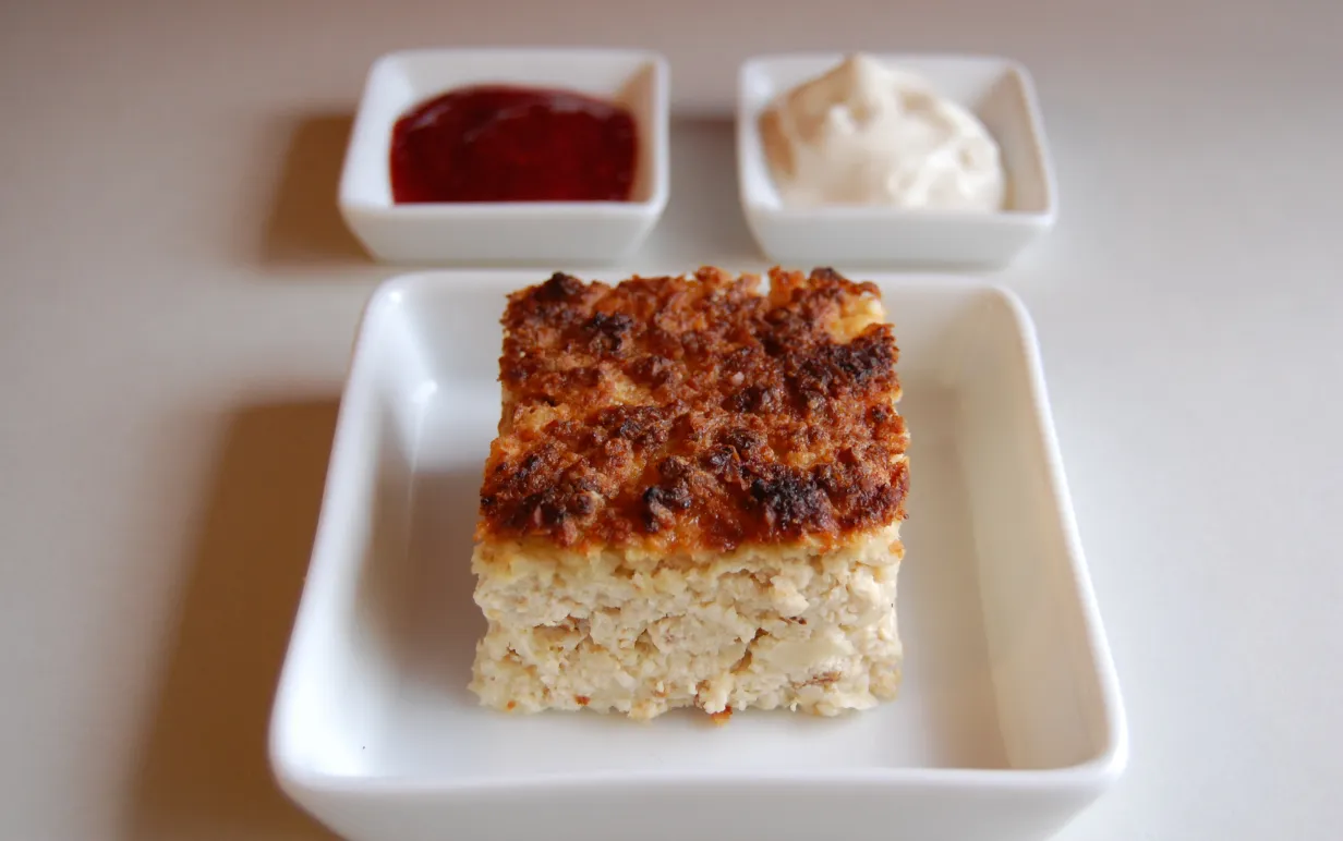 Tre vita fat, ett med ostkaka, ett med grädde och ett med sylt.