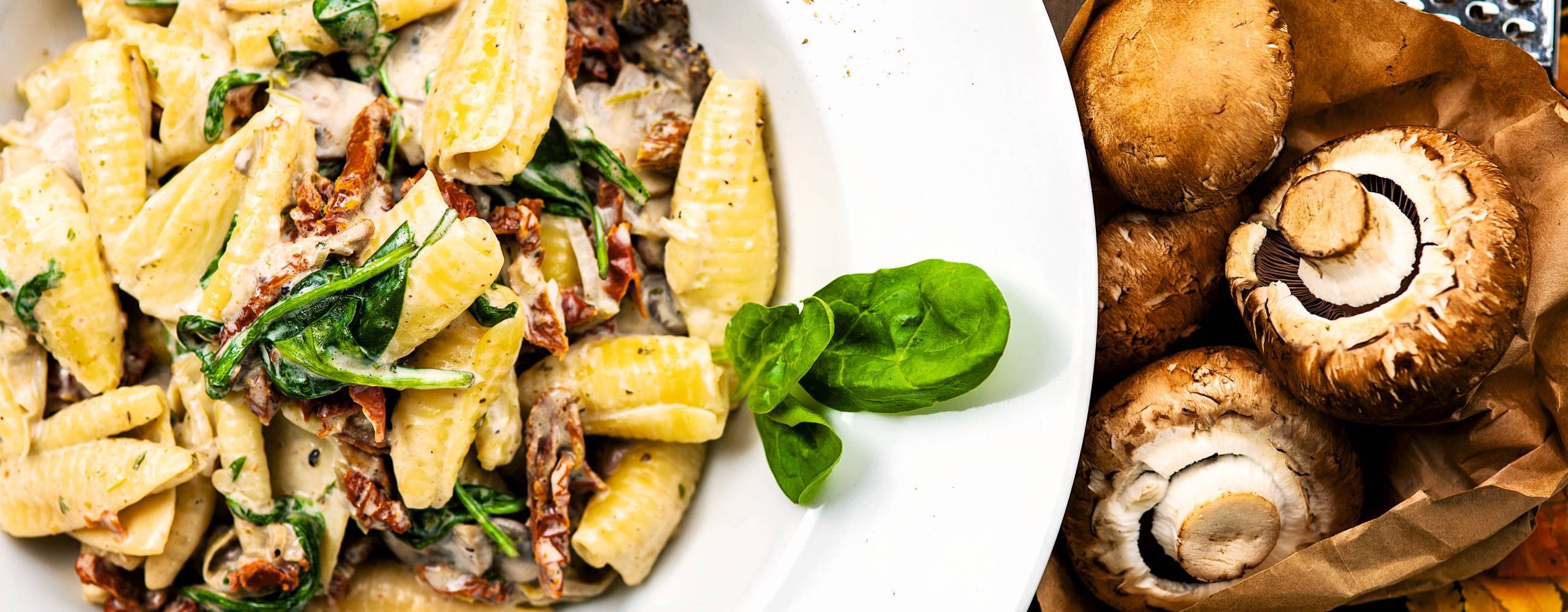 Gräddig pasta på vit tallrik, det ligger champinjoner intill tallriken