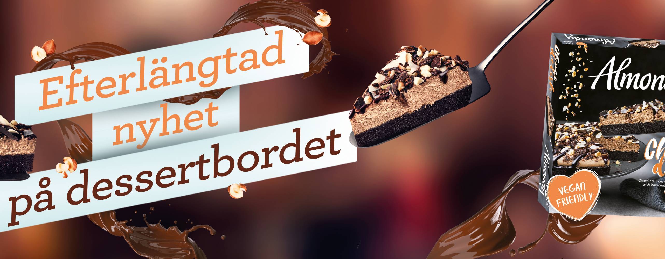 Text "efterlängtad nyhet på dessertbordet" intill en chokladtårta.