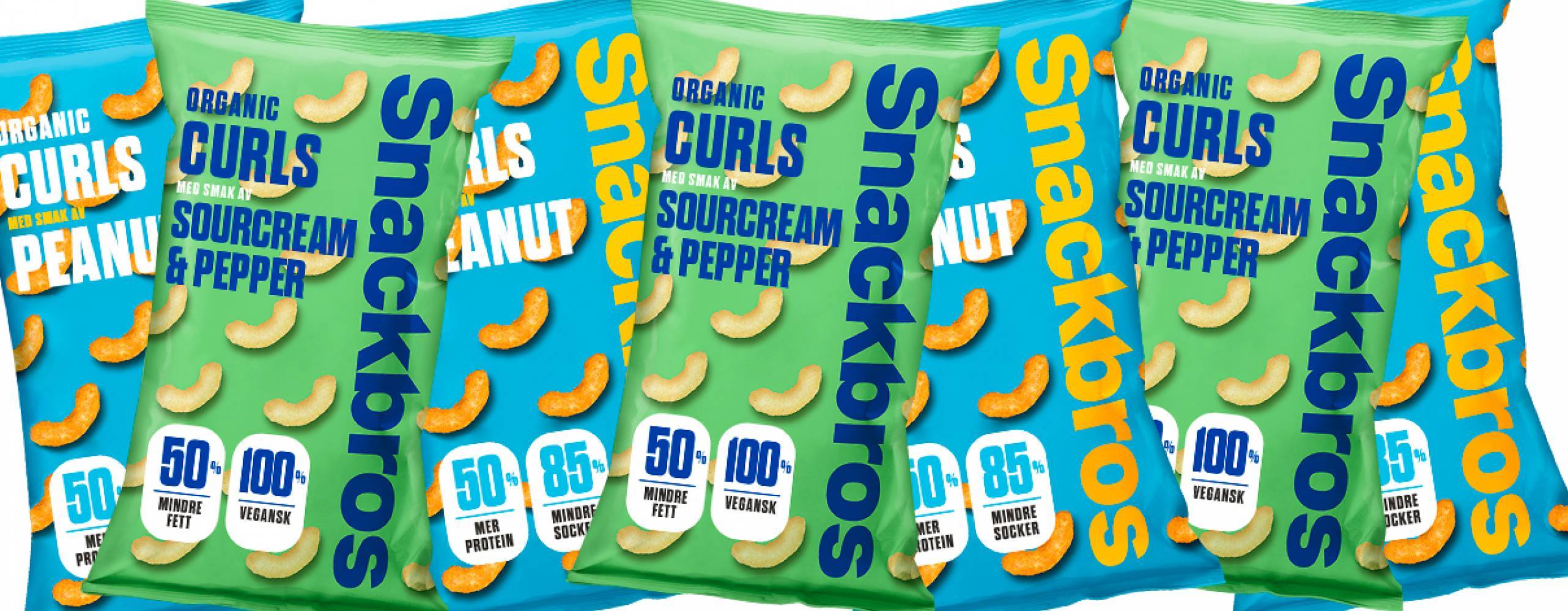 flera förpackningar av veganska snacks från Snackbros