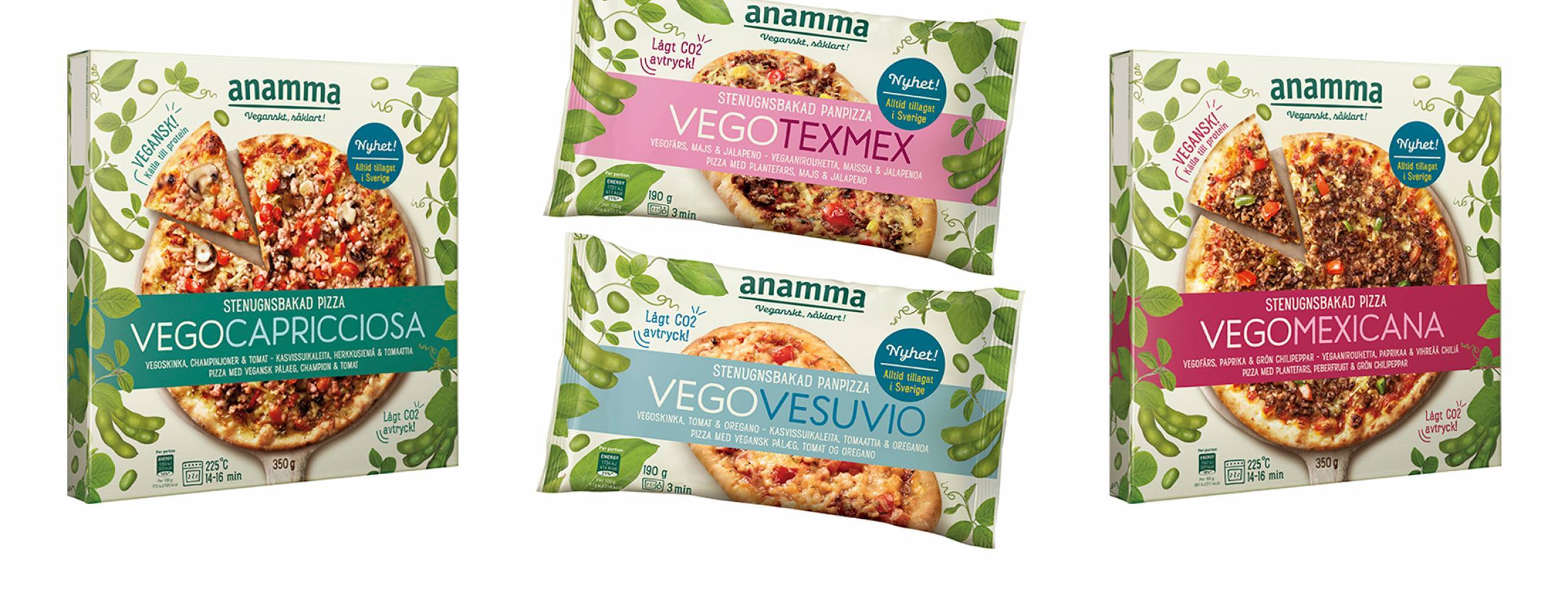 4 förpackningar av veganska pizzor från Anamma