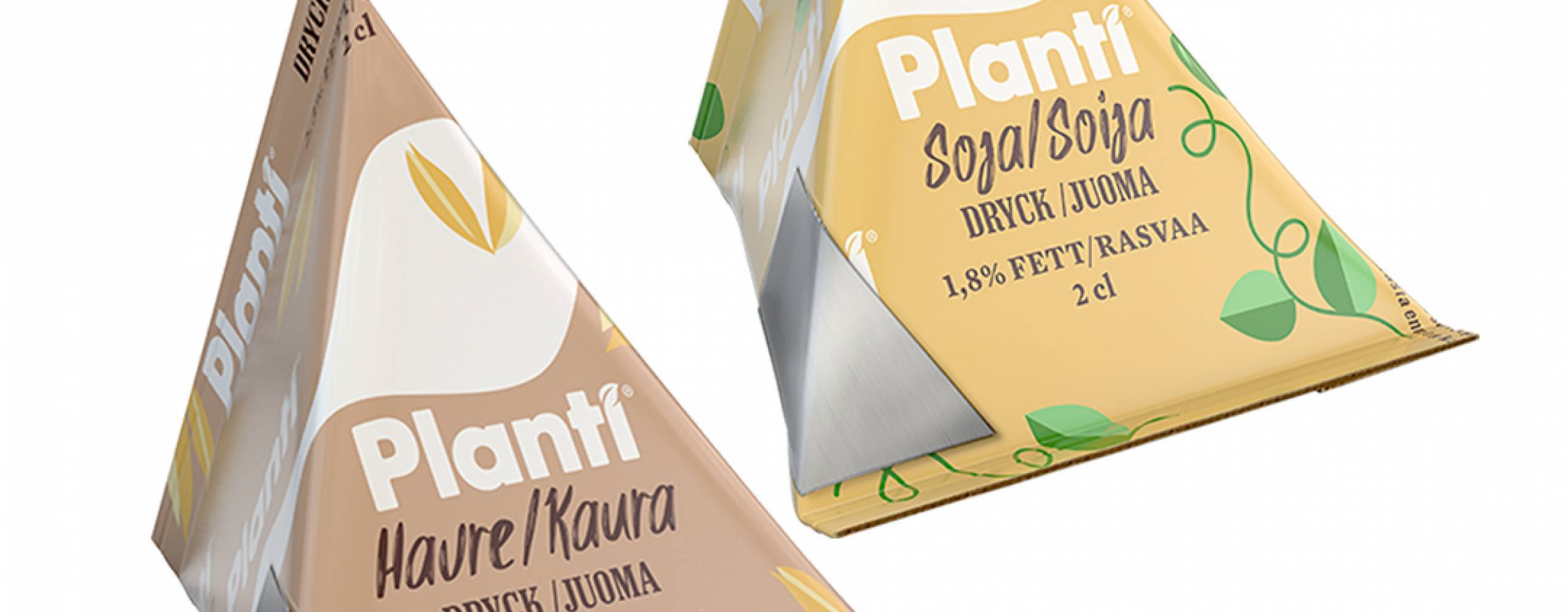 Bild på Planti minimjölk i 2 cl förpackningar. En med havre och en med sojadryck.