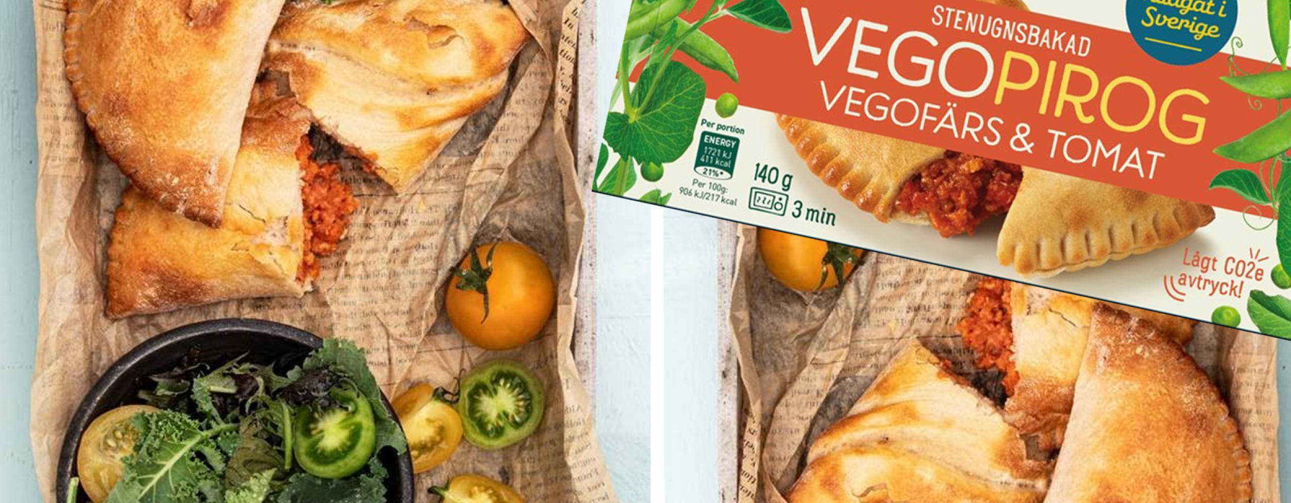 Anamma piroger på ett fat med en bild på pirog i dess förpackning