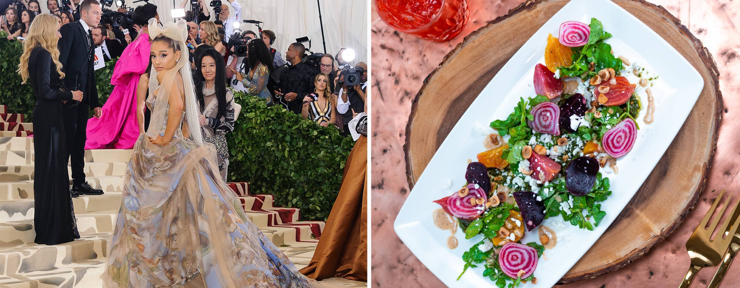 met-galan där ariana grande gör entré med en vegansk lyxrätt på en bild bredvid