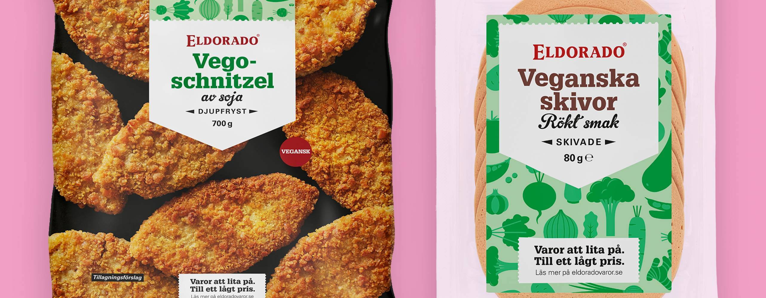 Produktfoto: Axfood/Eldorado Vegoschnitzel och Veganska skivor Rökt smak från Eldorado, i förpackningar mot rosa bakgrund.