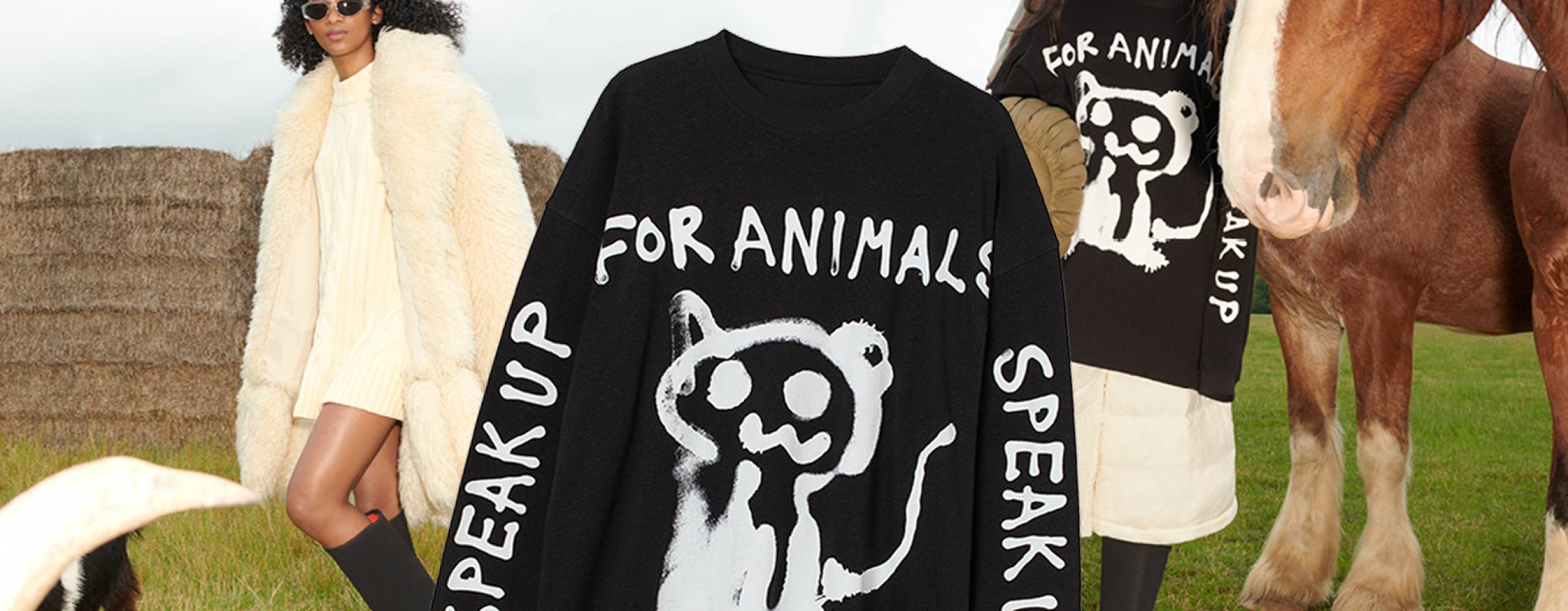 Foto: H&M Modefoton från kollektionen Co-Exist Story, samt inklippt tröja med texten "Speak up for animals"