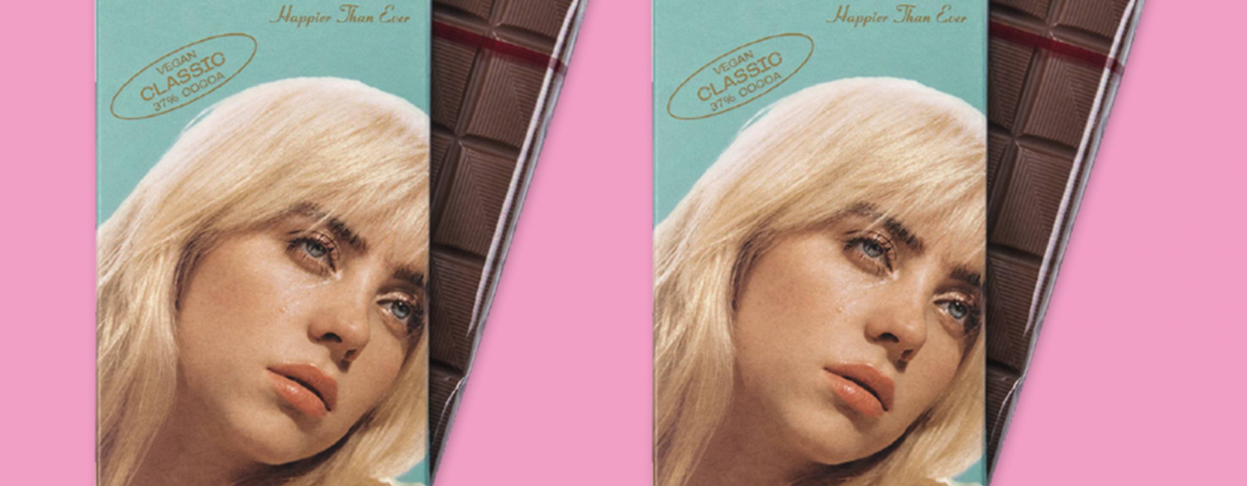 Produktfoto: Billie Eilish Store Veganska chokladkakan Happier than ever med Billie Eilish ansikte på förpackningen