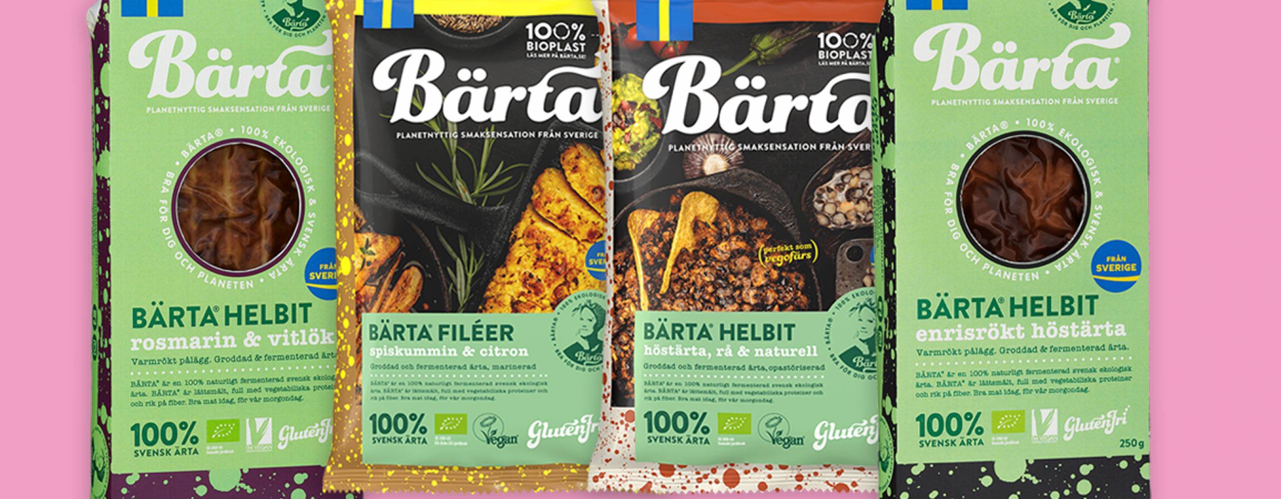 Produktfoto: Bärta Fyra nya produkter från Bärta på rad, mot rosa bakgrund