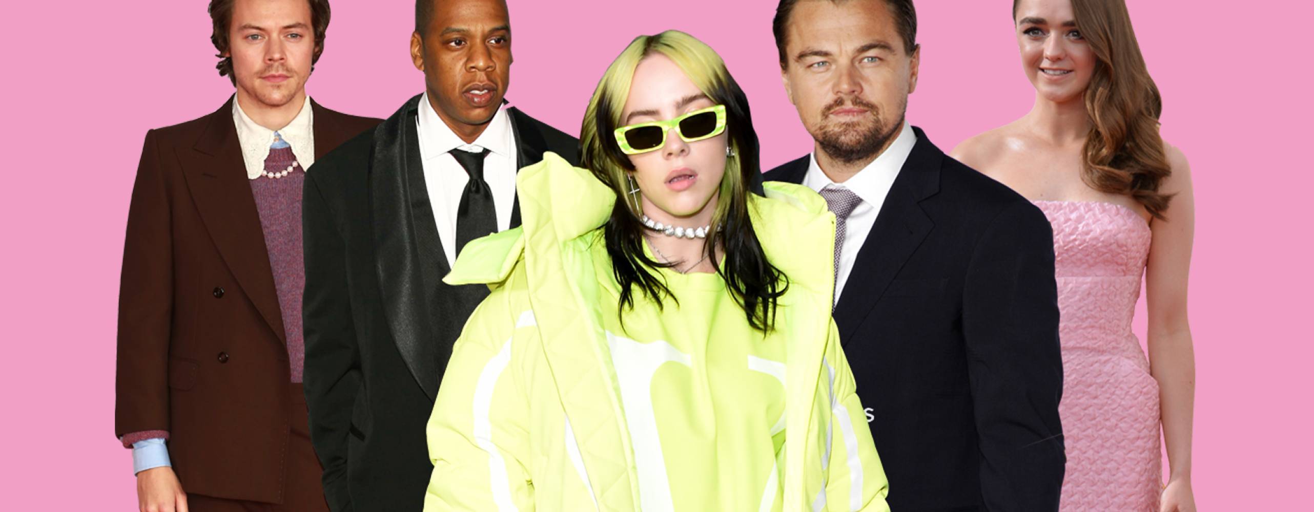 Från vänster: Harry Styles, Jay-Z, Billie Eilish, Leonardo DiCaprio, Maisie Williams.