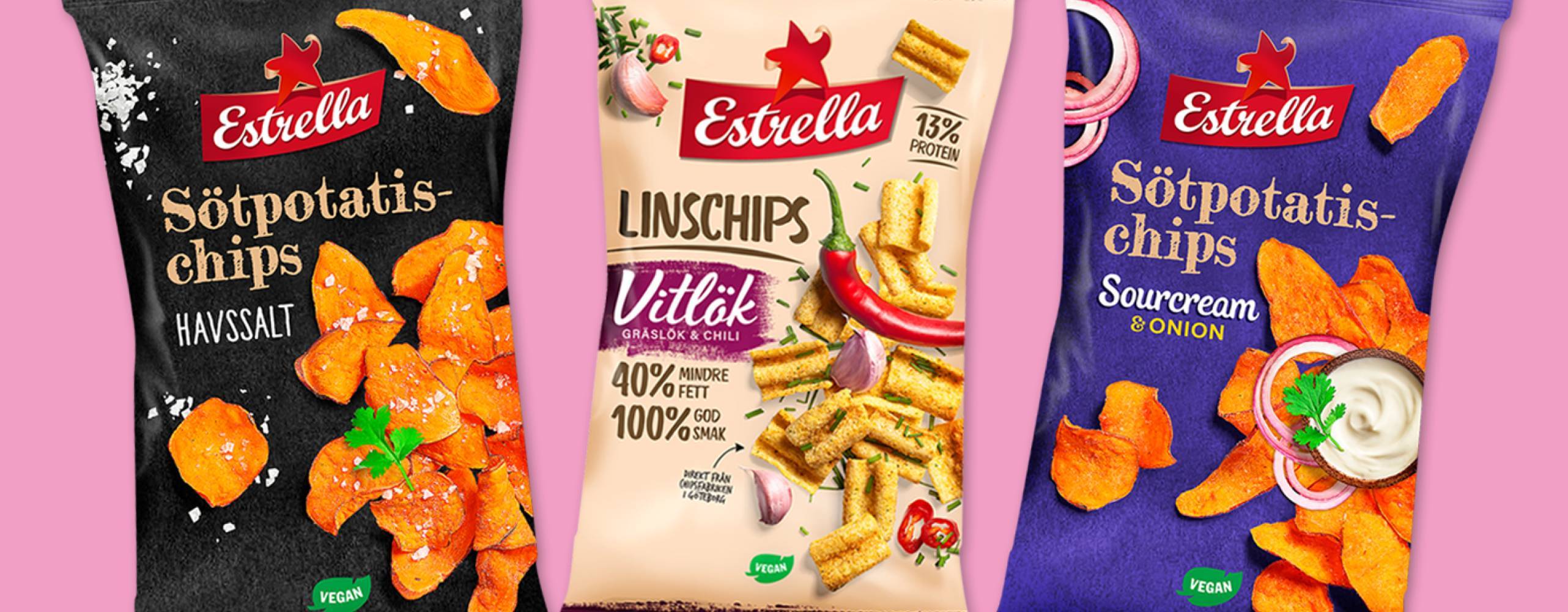 Produktfoto: Estrella Tre nya sorters chips från Estrella, i förpackning mot rosa bakgrund